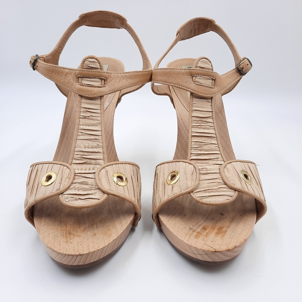 MANOLO BLAHNIK Y2K Wood Platform Sandal Heel Bohemian Coquette 70s Tan 37 EU - Picture 13 of 14